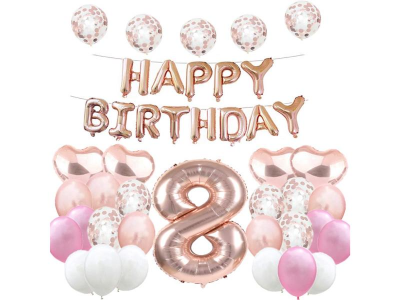 Set baloane, folie mylar, aniversare 8 ani, culoare aur rosu