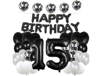 Set baloane, folie mylar, aniversare 15 ani, culoare negru