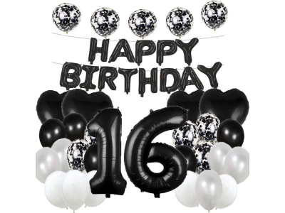 Set baloane, folie mylar, aniversare 16 ani, culoare negru
