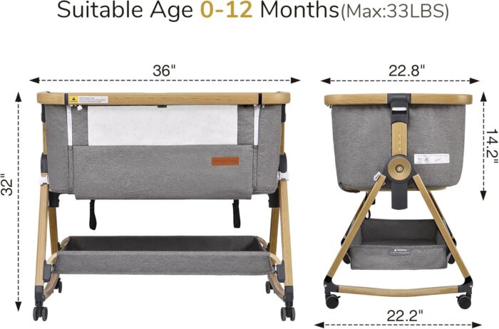 Patut Maydolly co-sleep portabil pentru bebelusi, 3 in 1, cu lenjerie si plasa anti-insecte, ajustabil, gri - imagine 3