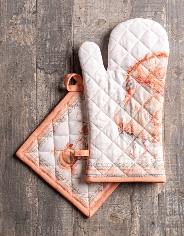 Set manusa bucatarie 19x33cm, suport oala 20x20cm, ambele 100% bumbac, rezistente la caldura, motiv toamna - imagine 4