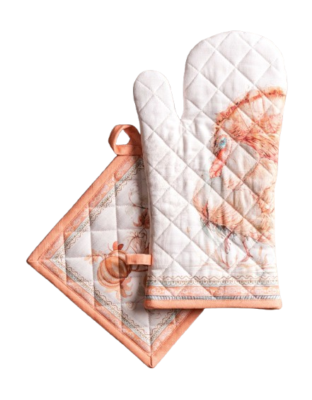 Set manusa bucatarie 19x33cm, suport oala 20x20cm, ambele 100% bumbac, rezistente la caldura, motiv toamna