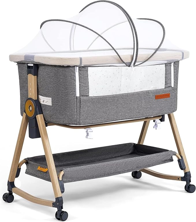 Patut Maydolly co-sleep portabil pentru bebelusi, 3 in 1, cu lenjerie si plasa anti-insecte, ajustabil, gri