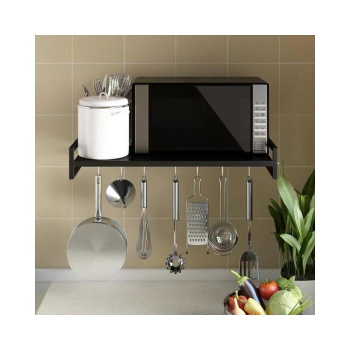 Suport pentru cuptor cu microunde, cu montare pe perete, din otel, negru, cu 3 carlige mobile - imagine 2