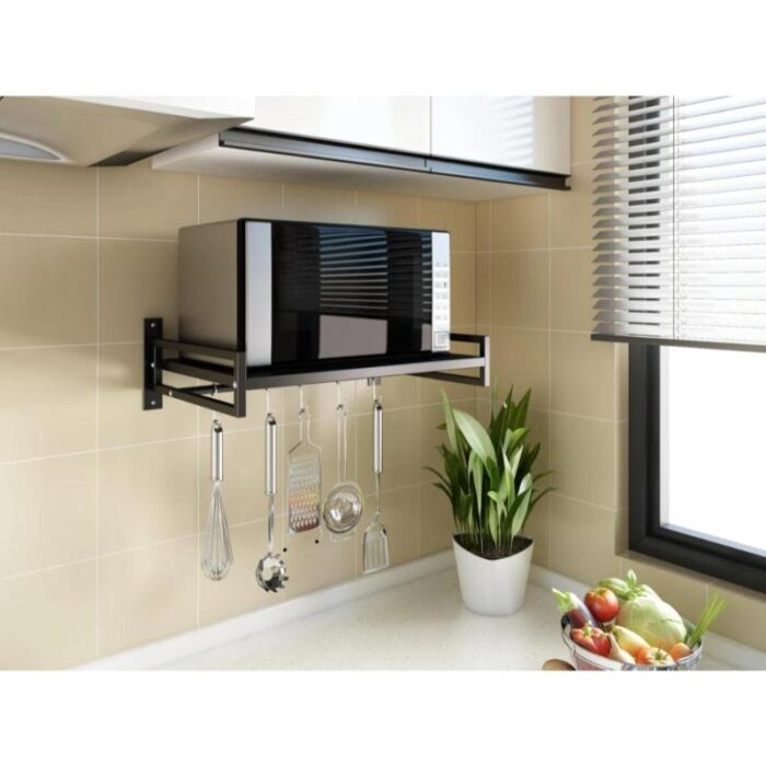 Suport pentru cuptor cu microunde, cu montare pe perete, din otel, negru, cu 3 carlige mobile - imagine 4