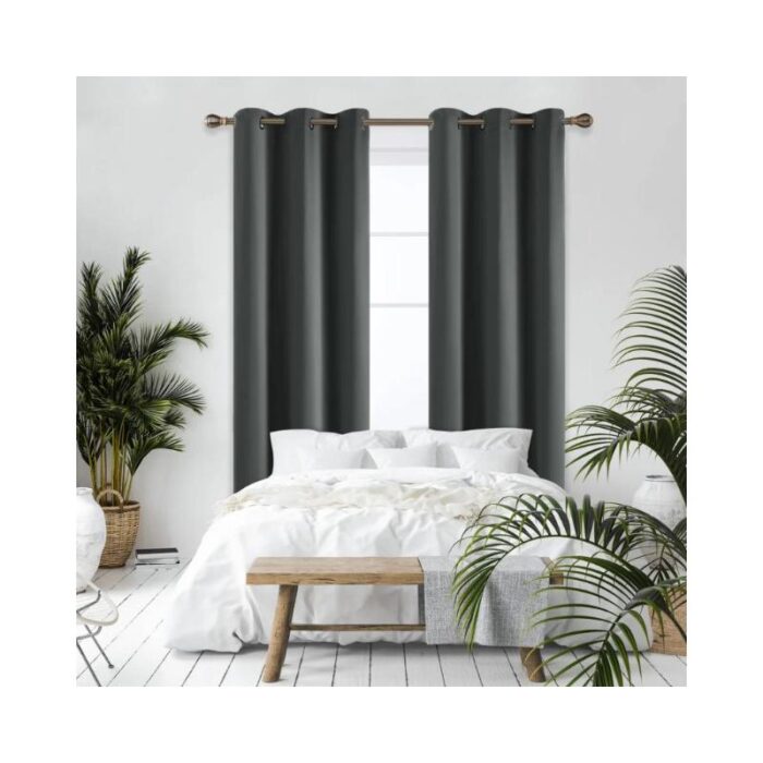Set 2 draperii opace, gri închis, protectie termica, cu ocheti (diam. int. 40mm), 160x107cm - imagine 3