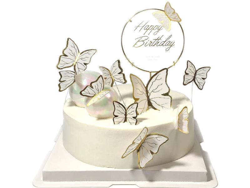 Decoratiuni tort, petrecere, metal auriu, Happy BIrthday si fluturi, alb si auriu, 11 piese