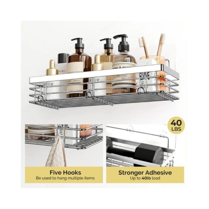 Raft baie din inox, 2 bucati, fixare fara gaurire, rezista la 18kg, cu 5 carlige - imagine 4