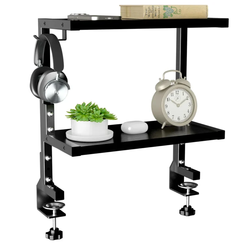 Raft organizator masa/birou cu prindere cu menghine (incluse), 2 rafturi (cel de jos ajustabil), 377x182x402mm