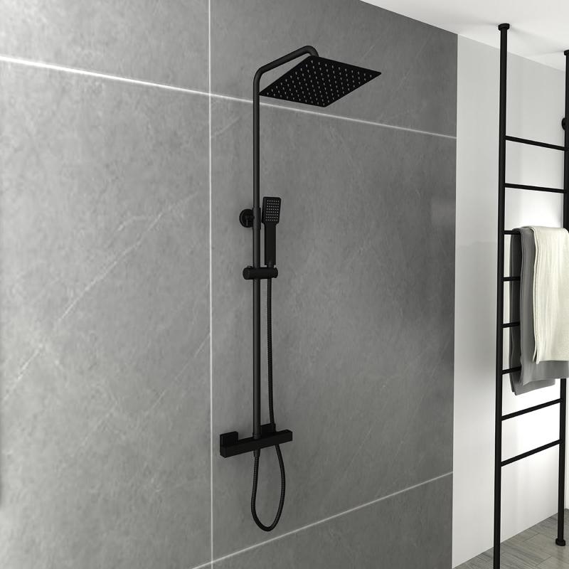 Sistem de dus cu montare pe perete, cap fix si dus de mana, baterie termostatata, inox, negru