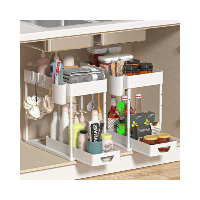 Set 2 x organizator sub chiuveta, din plastic, cu doua nivele, 4 carlige si un buzunar, inaltime reglabila 26/31/36cm, adancime 38cm, latime 18.5cm