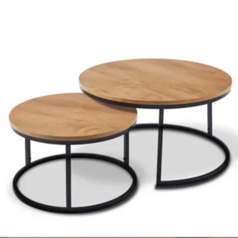 Set 2 masute de cafea rotunde, cadru metalic, blat din lemn, culoare maro vintage