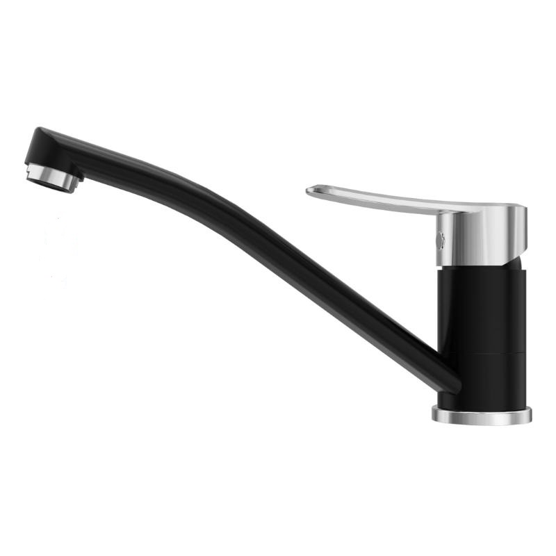 Baterie chiuveta bucatarie, monocomanda, pentru presiune scazuta, debit mare, inox, negru, pivotant 360 grade