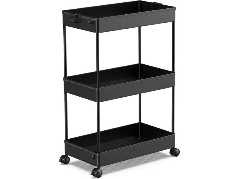 Carucior pentru bucatarie/baie/birou, cu 3 polite, 40x22x61cm, culoare negru
