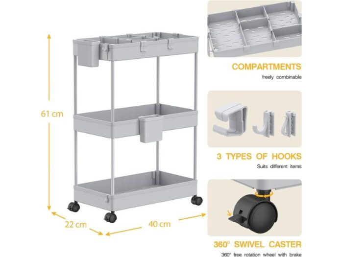 Carucior pentru bucatarie/baie/birou, cu 3 polite, cu 6 carlige si 2 containere, culoare gri - imagine 2