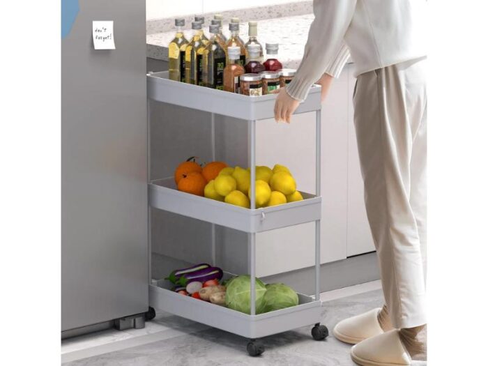 Carucior pentru bucatarie/baie/birou, cu 3 polite, cu 6 carlige si 2 containere, culoare gri - imagine 3