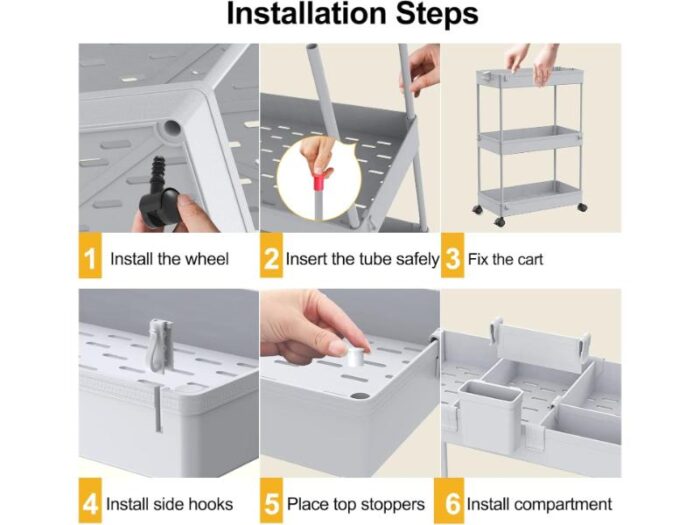 Carucior pentru bucatarie/baie/birou, cu 3 polite, cu 6 carlige si 2 containere, culoare gri - imagine 4