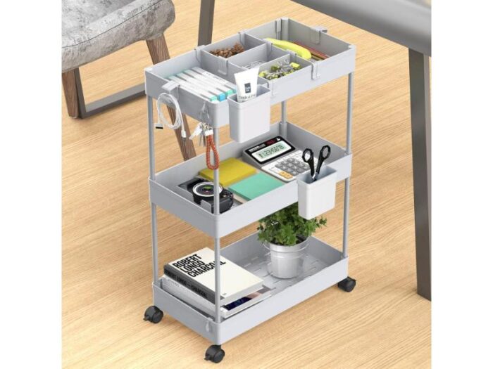 Carucior pentru bucatarie/baie/birou, cu 3 polite, cu 6 carlige si 2 containere, culoare gri - imagine 5