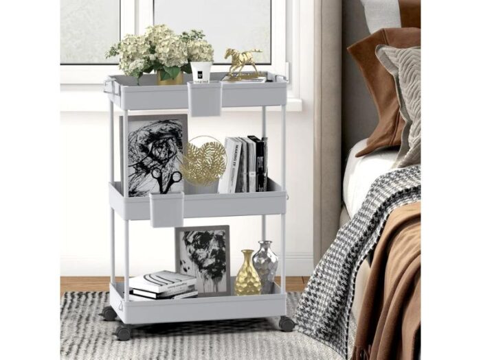 Carucior pentru bucatarie/baie/birou, cu 3 polite, cu 6 carlige si 2 containere, culoare gri - imagine 6