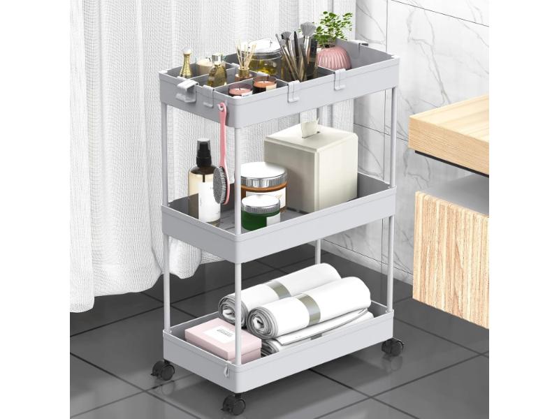 Carucior pentru bucatarie/baie/birou, cu 3 polite, cu 6 carlige si 2 containere, culoare gri