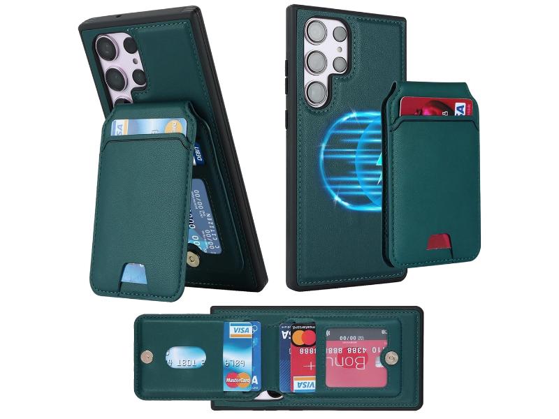 Carcasa pentru Samsung Galaxy S22 Ultra cu port-card magnetic Magsafe, din piele, culoare verde-inchis
