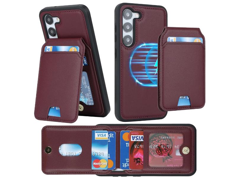 Carcasa pentru Samsung Galaxy S23 Plus cu port-card magnetic Magsafe, din piele, culoare rosu-vin