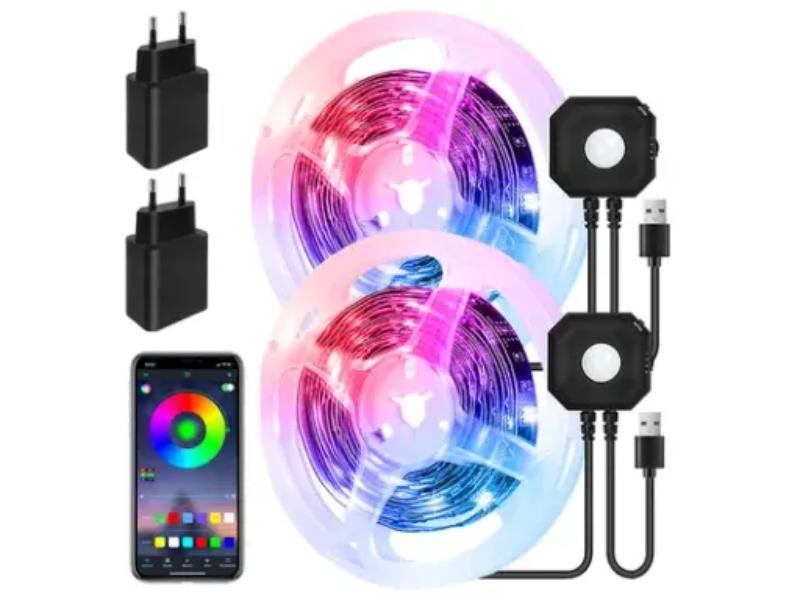 Set 2 benzi LED RGB, cu senzor PIR, diferite moduri de functionare, controlabile prin telefon