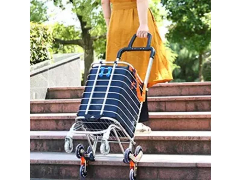 Carucior de cumparaturi cu roti, pliabil, pentru urcat scari, cu sacosa impermeabila detasabila, 8 roti, cadru de aluminiu, 30x48x95cm, culoare albastru marin