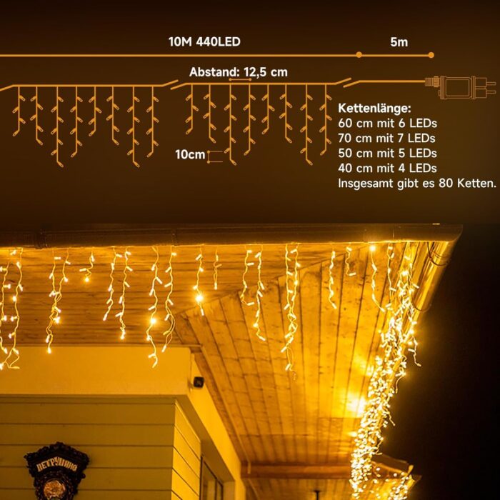 Lumini decorative de exterior, "turturi", 10 metri, 440 LED, 8 moduri de functionare, timer, alimentare la retea, IP 44, alb cald - imagine 2