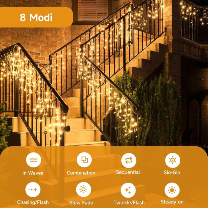 Lumini decorative de exterior, "turturi", 10 metri, 440 LED, 8 moduri de functionare, timer, alimentare la retea, IP 44, alb cald - imagine 3