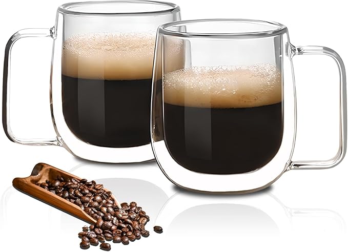 Set 2 x cana de sticla cu perete dublu, 220ml, pentru cafea, ceai, etc