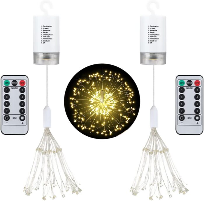 Set 2 x luminite de Craciun tip "artificii", cu agatatoare, 150 LED, pe baterii (neincluse), cu telecomanda, 8 moduri de iluminare, rezistente la apa, culoare alb-cald - imagine 3