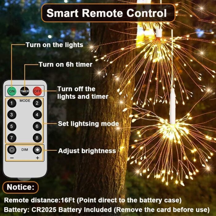 Set 2 x luminite de Craciun tip "artificii", cu agatatoare, 150 LED, pe baterii (neincluse), cu telecomanda, 8 moduri de iluminare, rezistente la apa, culoare alb-cald - imagine 4