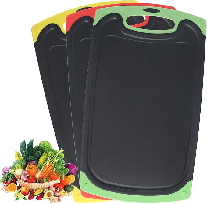 Set 3 x tocator ABS pentru bucatarie, mare, aderenta, cu gauri pentru agatare, culoare negru cu: rosu/gaben/verde