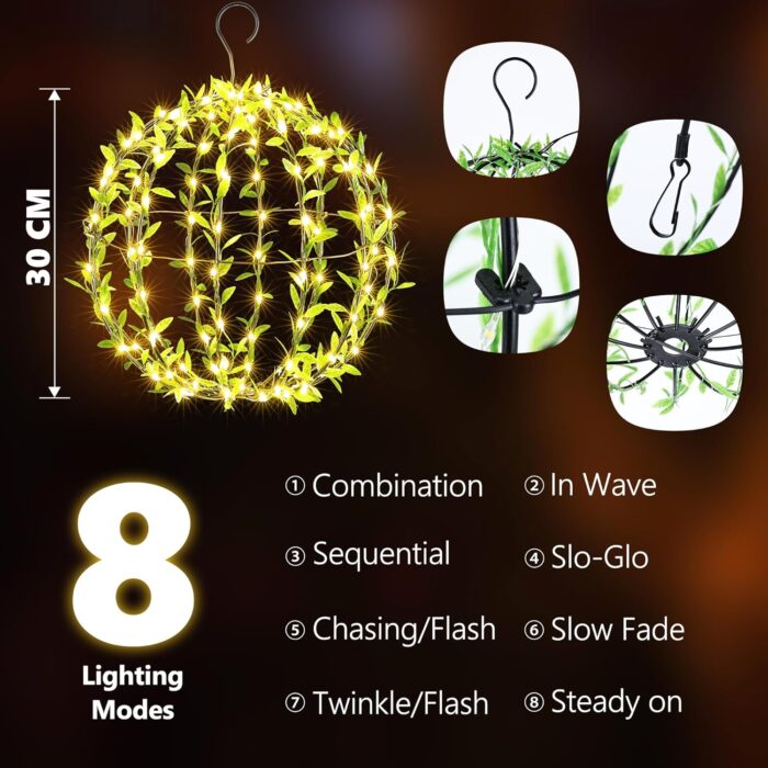 Glob luminos solar, pliabil , verde, 30cm, 120 LED alb cald, 8 moduri de iluminare - imagine 2