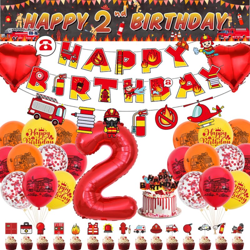 Zi de nastere pentru baiat 2 ani, cu pompieri, baloane,ghirlanda si decor pentru tort, banner textil