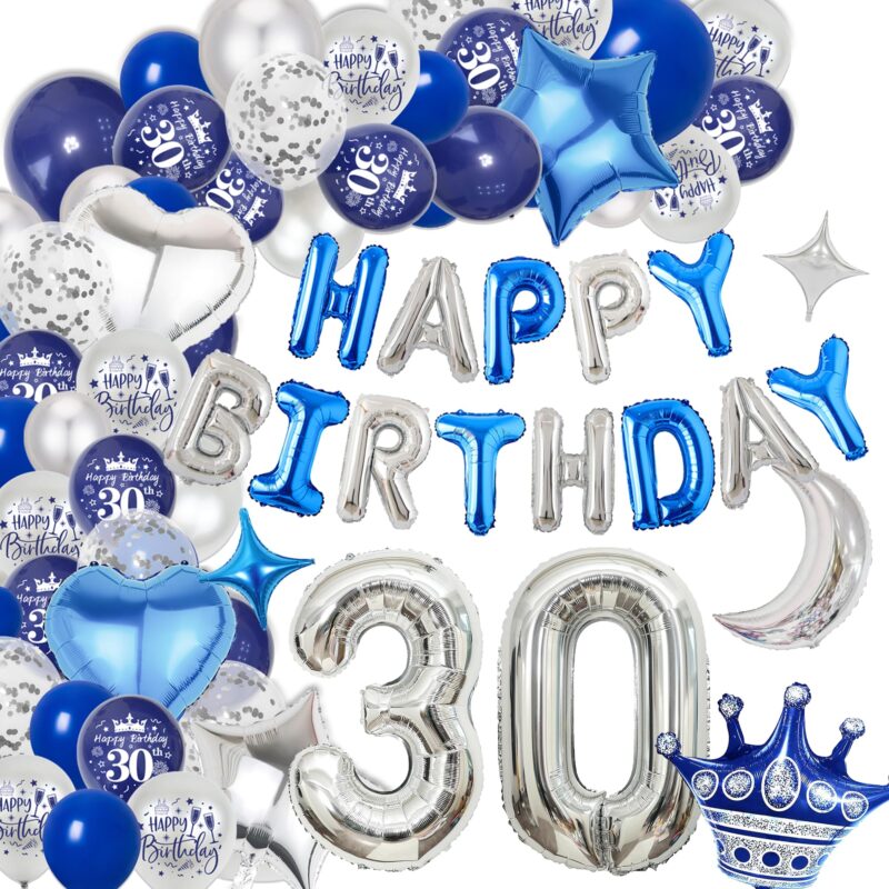 Baloane aniversare, de 30 de ani, albastru argintiu, balon gigant folie cu numarul 30