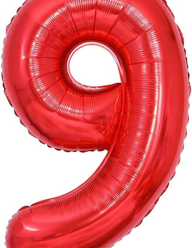Balon rosu folie, cu numarul 9, inaltime 85 cm, suporta heliu (90 de ani)