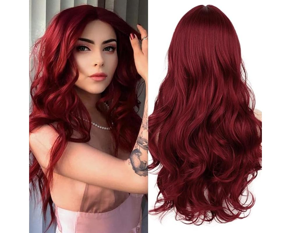 Peruca lunga rosie cu dantela frontala de 12x5 cm, pentru femei, sintetica, rosu 596