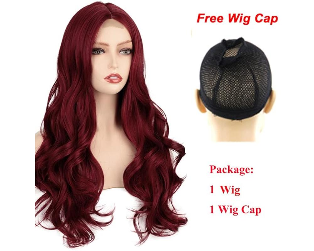 Peruca lunga rosie cu dantela frontala de 12x5 cm, pentru femei, sintetica, rosu 596 - imagine 2