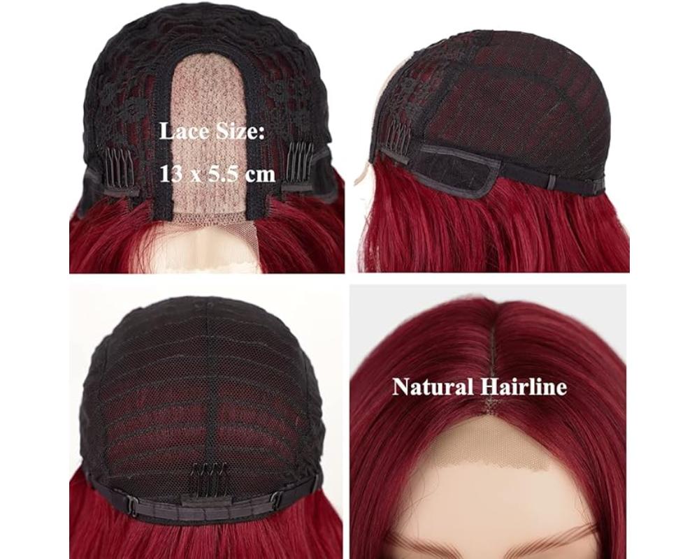 Peruca lunga rosie cu dantela frontala de 12x5 cm, pentru femei, sintetica, rosu 596 - imagine 3