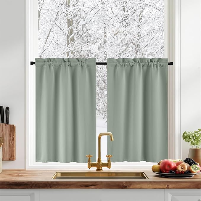 Perdele opace pentru ferestre de bucatarie, 2 buc., termoizolante, verde salvie, 60x45 cm