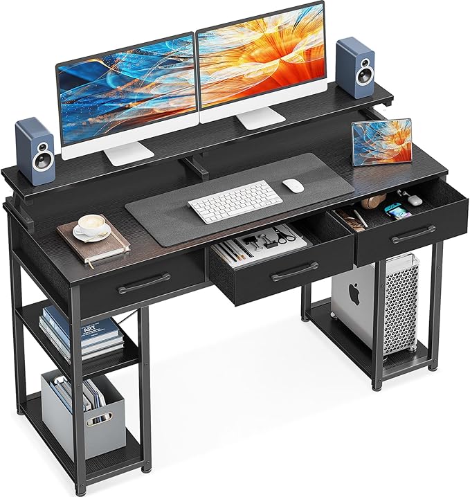 Birou pentru calculator, cu sertare si rafturi de depozitare, 122 cm, cu suport pentru monitor, negru