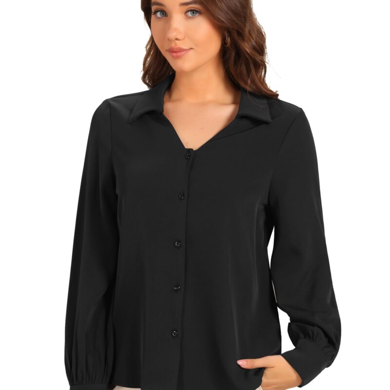 Allegra K camasa de dama cu nasturi si decolteu in V, business, casual, maneci lungi si bufante, negru M