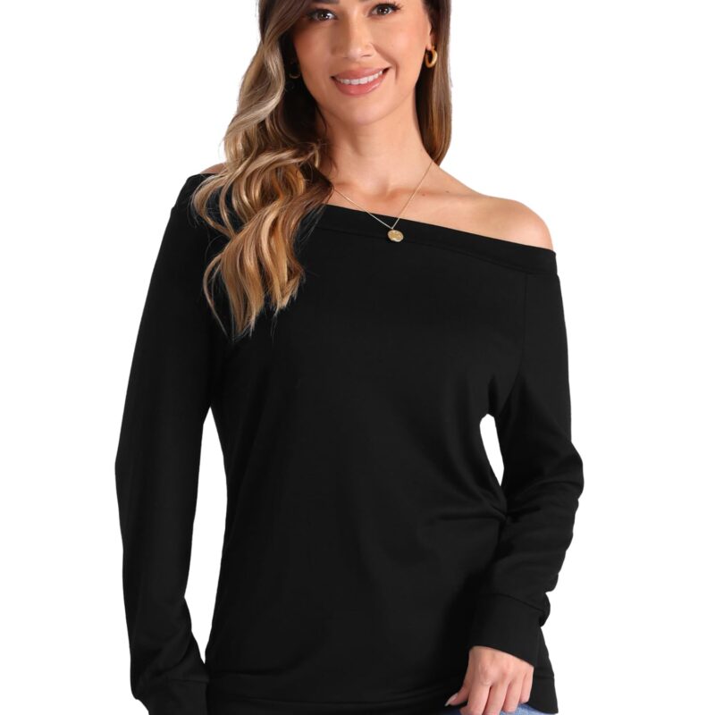 Allegra K Bluza de dama cu umeri goi, casual, cu guler tip barcuța, maneca lungă, elastica, negru M