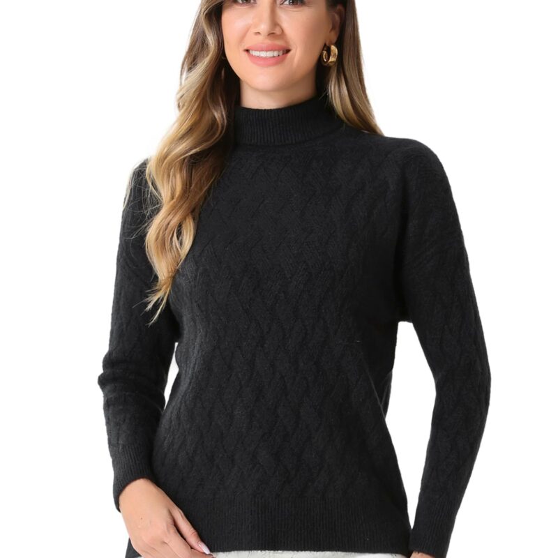 Allegra K Pulover cu guler inalt pentru femei, maneca lunga, model cu nervuri, elastic, negru, marimea L