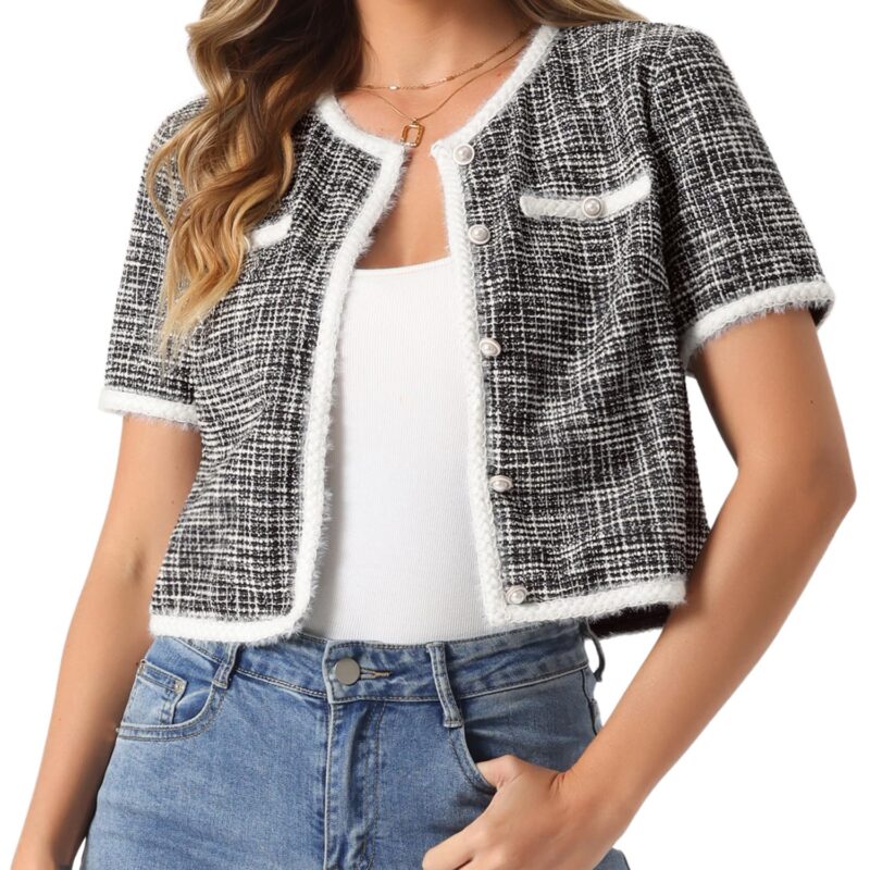 Cardigan scurt cu guler rotund si maneca scurta, Allegra K, tricotat, casual, negru, M