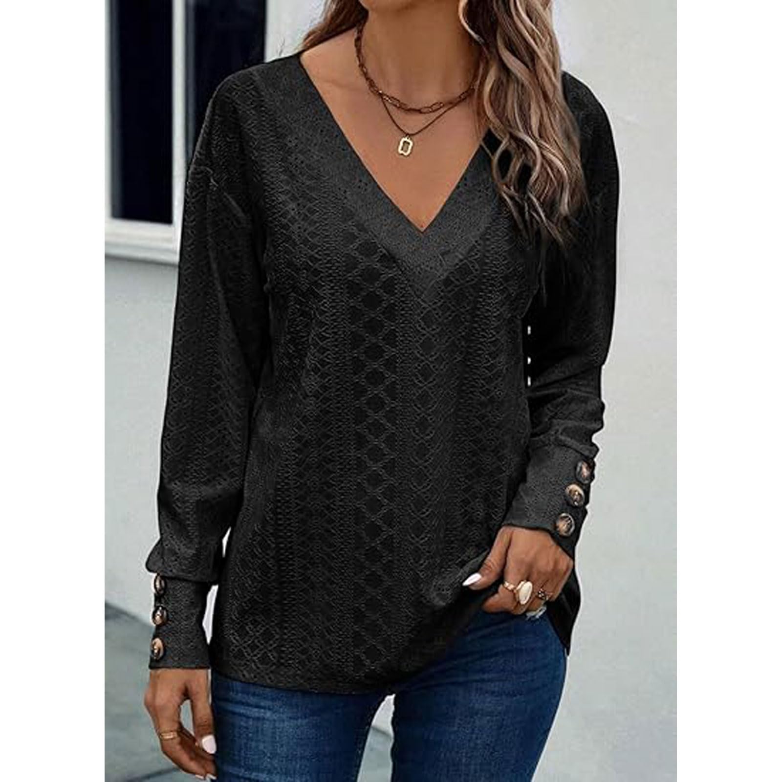 Bluza cu maneca lunga pentru femei, cu decolteu in V, din dantela, mansete elegante cu nasturi, neagra, XL - imagine 3