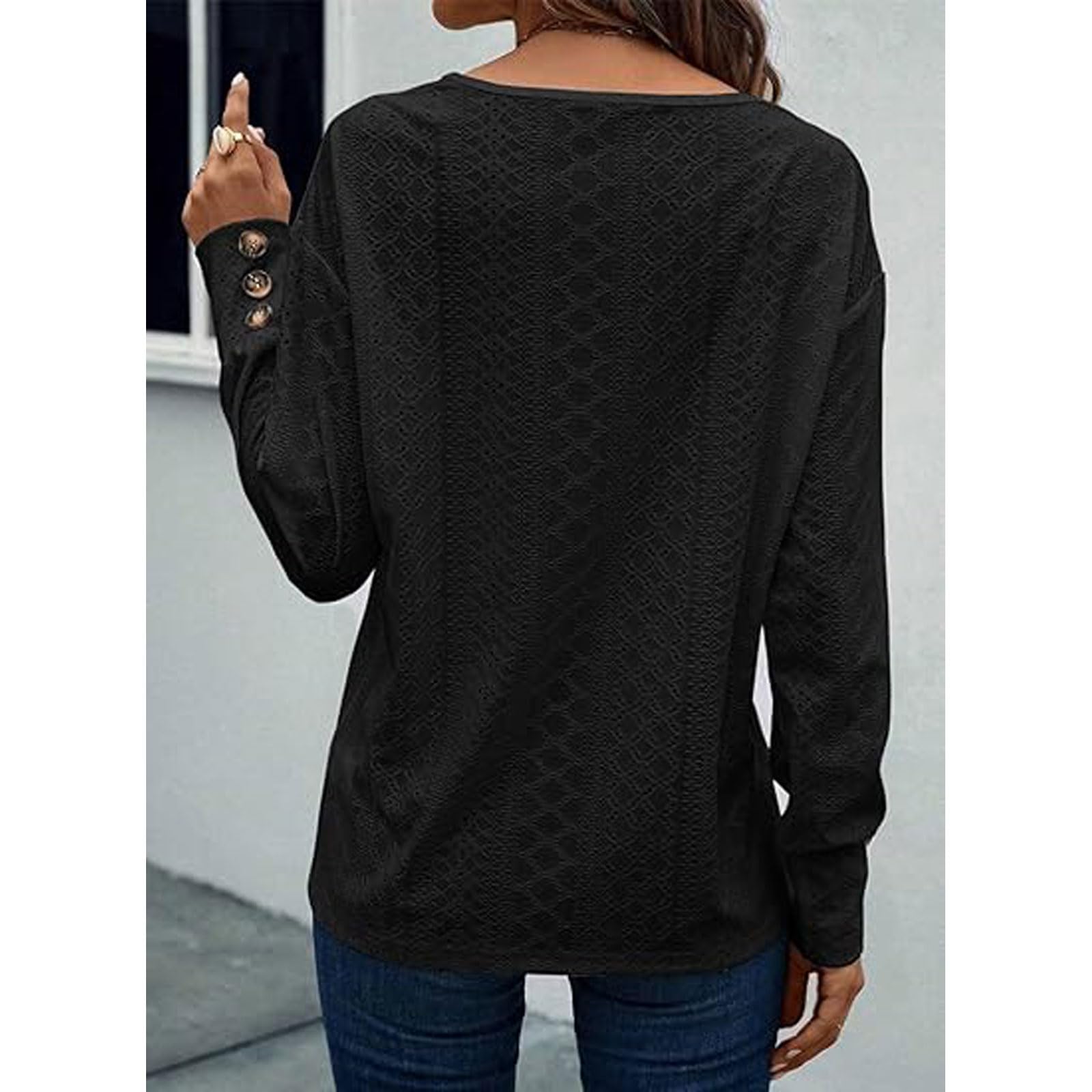 Bluza cu maneca lunga pentru femei, cu decolteu in V, din dantela, mansete elegante cu nasturi, neagra, XL - imagine 4