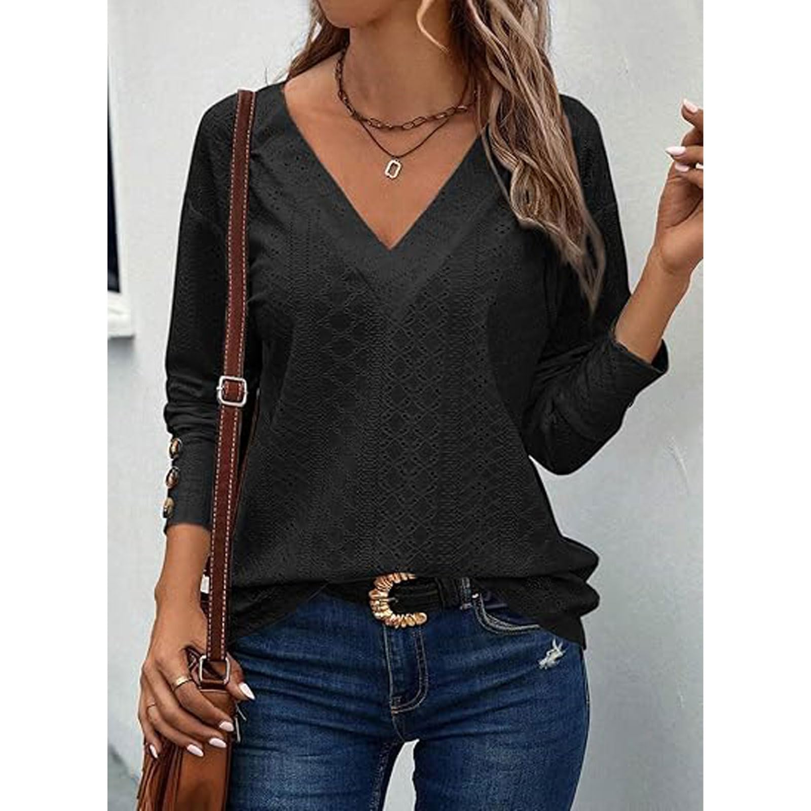 Bluza cu maneca lunga pentru femei, cu decolteu in V, din dantela, mansete elegante cu nasturi, neagra, XL - imagine 6